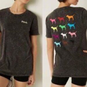 🐸 PINK Victoria's Secret oversized dark wash/tie dye T-Shirt with Rainbow Logo